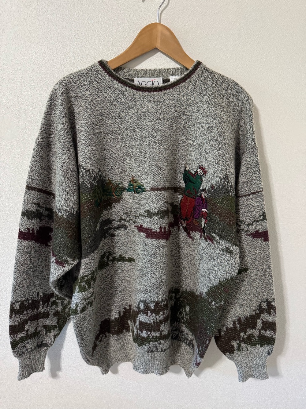 Vintage Golf Embroidered Patch Crew Sweater Gray Wool Blend Allover Graphic-XL